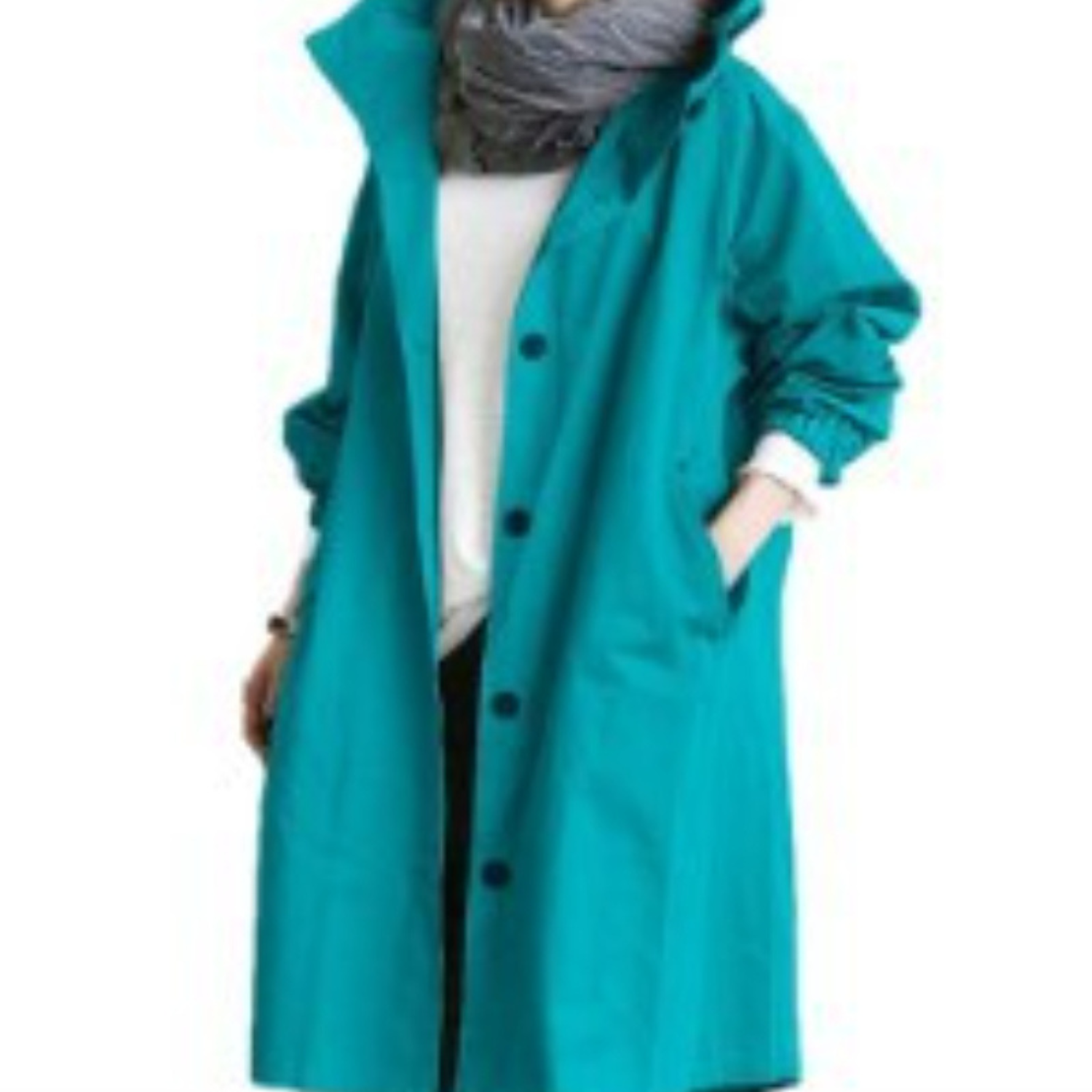 Stilfull kvinnekåpe; lang trenchcoat med praktisk hette, elegant yttertøy.