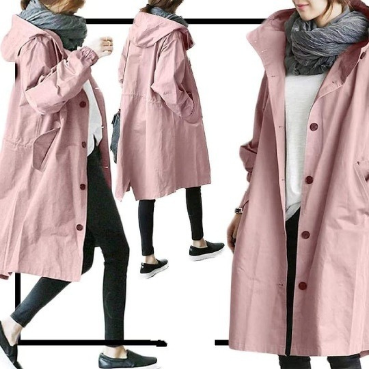 Trendy lang kvinnetrenchcoat med hette, perfekt som vårjakke og høstkåpe.