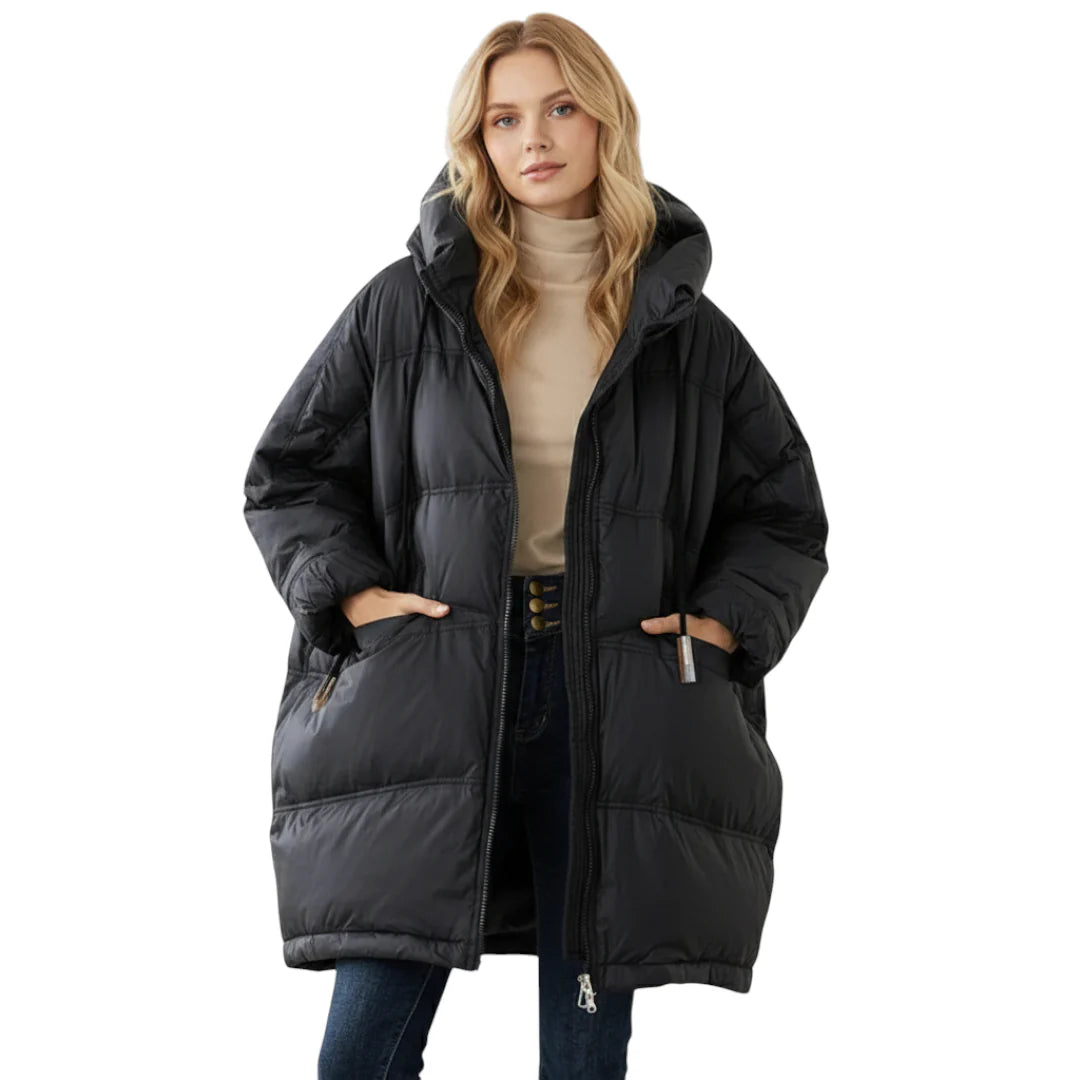 Lange Damen Daunenjacke in Schwarz mit Kapuze, modisch und warm fĂĽr den Winter