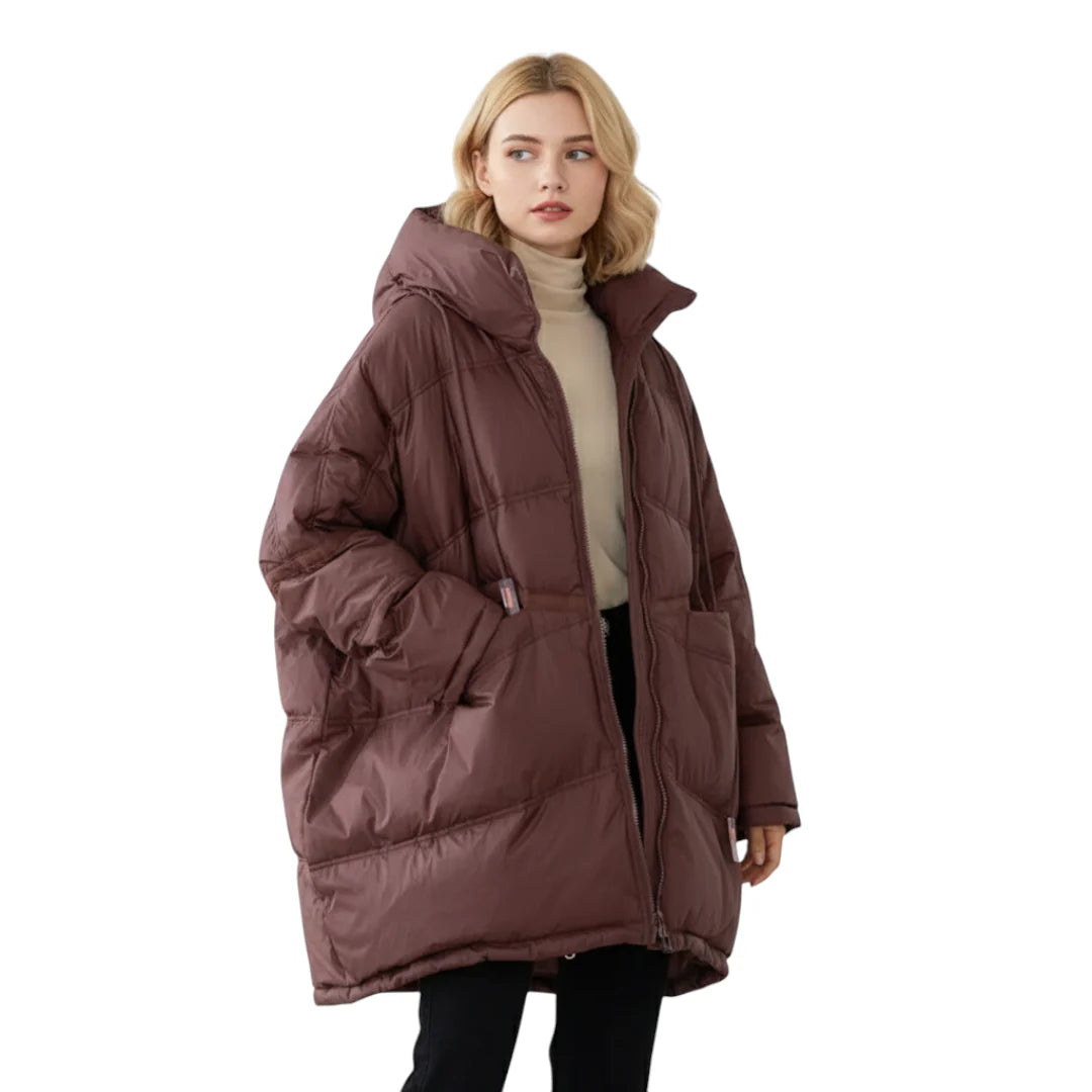 Stylische Frezeitjacke für Damen: lange Daunenjacke mit Kapuze, schick und praktisch für Outdoors