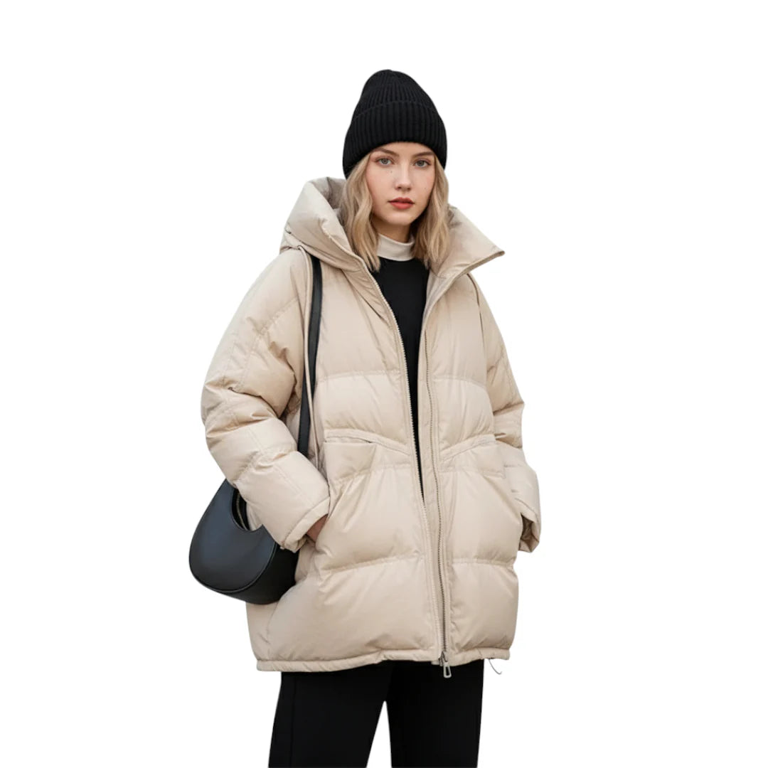 Vielseitige Damen Winterjacke: lang geschnittener Daunenparka mit Kapuze, komfortabel und wärmend