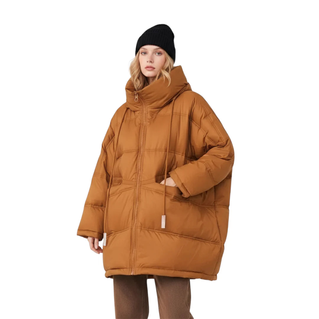 Damen Daunenjacke mit Kapuze in Grau, lang und modisch, perfekt für einen stilvollen Winterlook