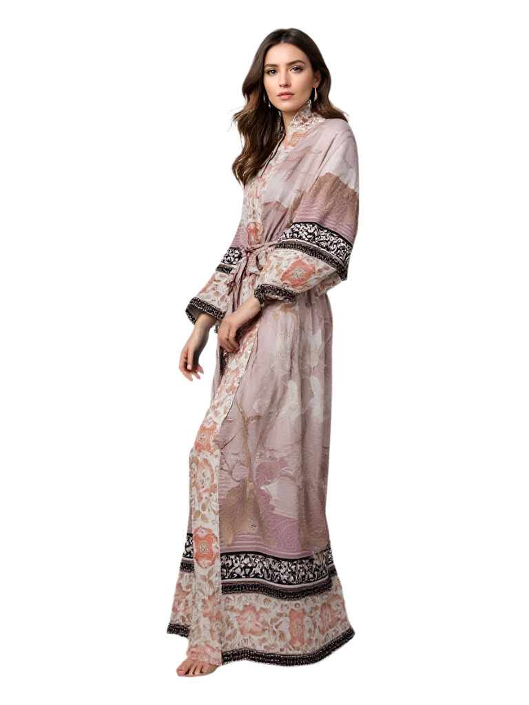 Langer Damen Kimono mit sommerlichem Blumenmuster und BindegĂĽrtel in Rosa und Orange