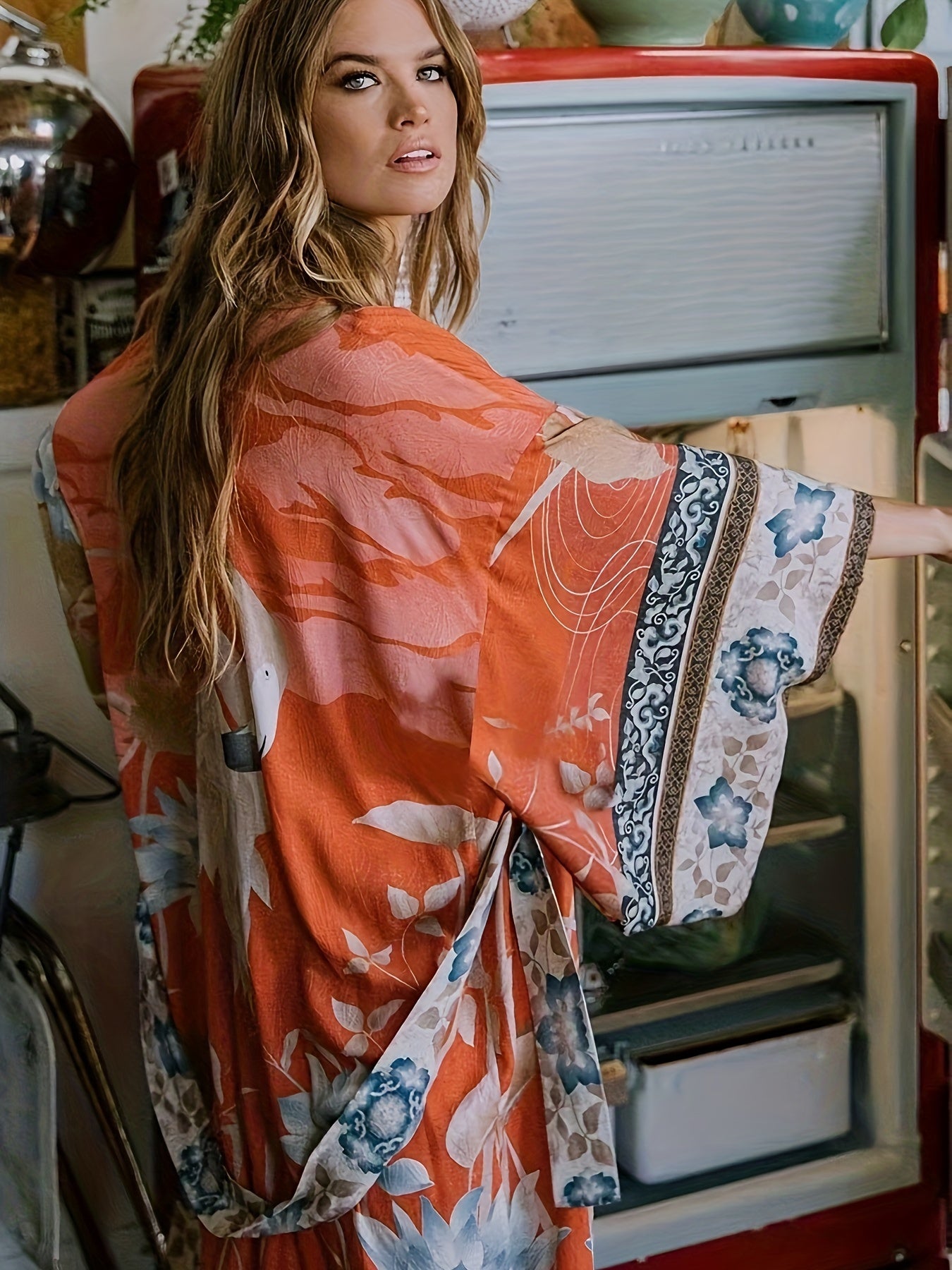 Eleganter Damen Kimono, lang, mit lebhaftem Blumenmuster, Bindegürtel und lockerem Schnitt