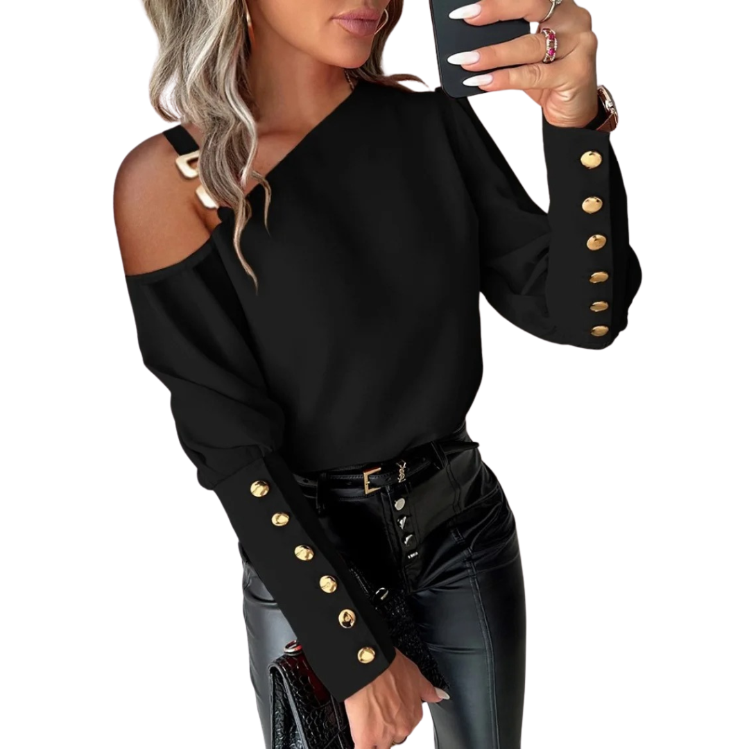 Kvinner langermet bluse med unike knapper, perfekt for en allsidig vår- eller høstlook.