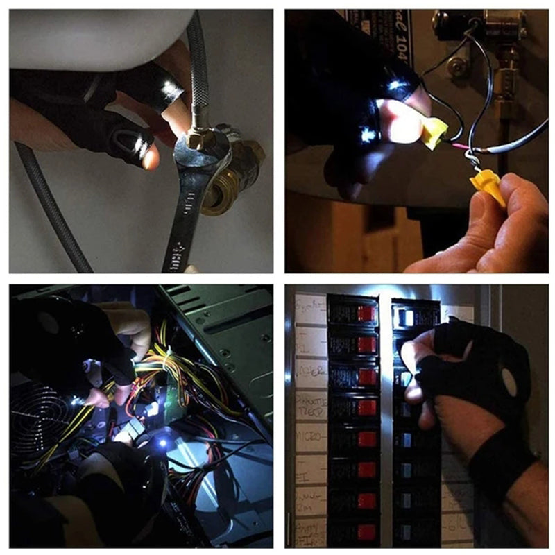 Høyteknologiske arbeidshansker med LED-lommelykt for reparasjoner og mekanisk arbeid der du trenger begge hender.