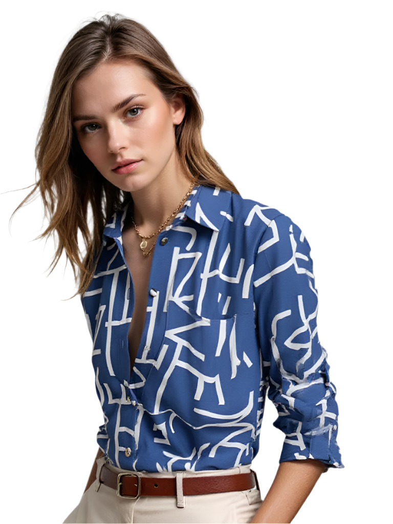 Lett og allsidig damebluse med elegant omslagskrage, perfekt for vår og sommer.