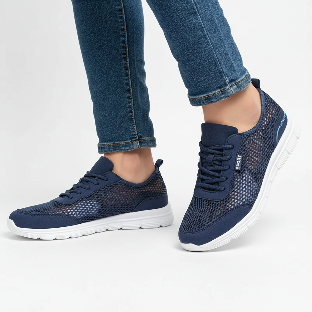 Sidevisning av lette mesh joggesko for menn, viser fleksibel såle og pustende overdel.