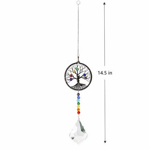 Krystall solfanger, Livets tre-design. Spirituell dekorasjon og lysende regnbuefanger.