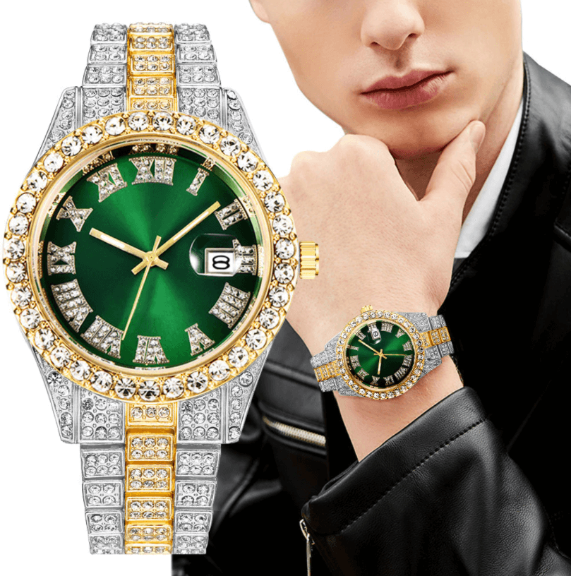 Elegant herreklokke med bling og romertall. Iset design, en luksusklokke for stilbevisste menn.