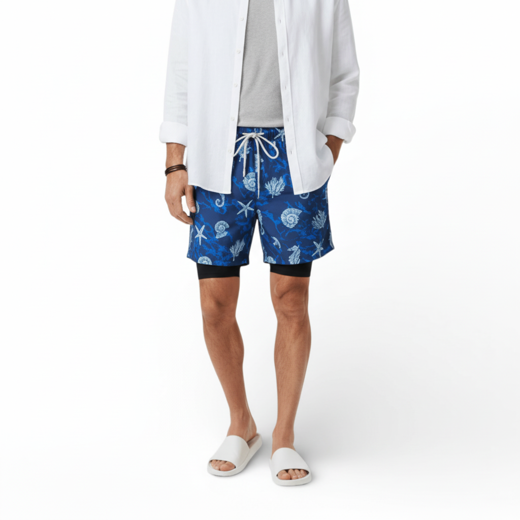 Mønstret 2-i-1 badeshorts for menn, hurtigtørkende for svømming og vannsport. Komfortabel strandshorts med stil.