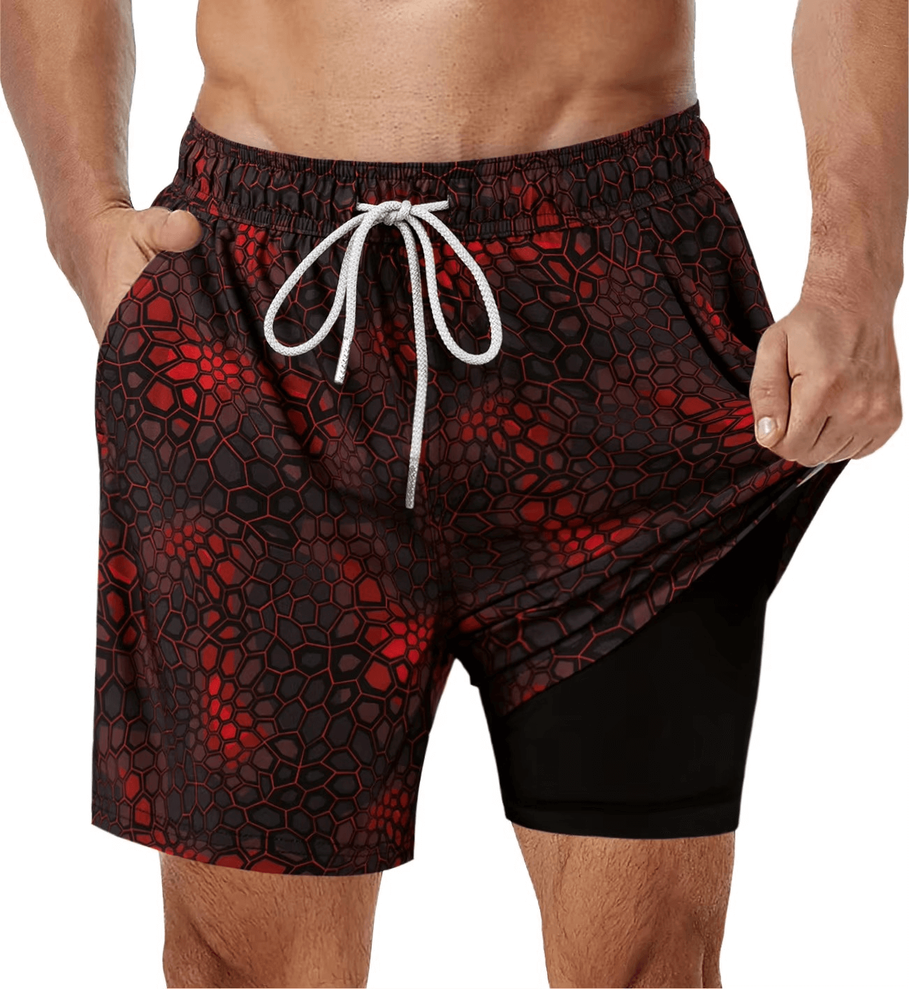 Menns 2-i-1 badeshorts med lommer, ideell for sommer, strand og svømming. Allsidig og komfortabel.