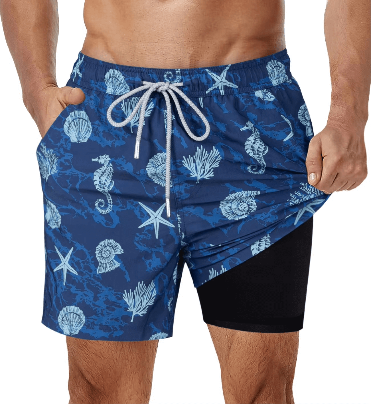 Komfortable mønstrede badeshorts for menn, 2-i-1 design for strand og svømming. Ideell for vannsport.