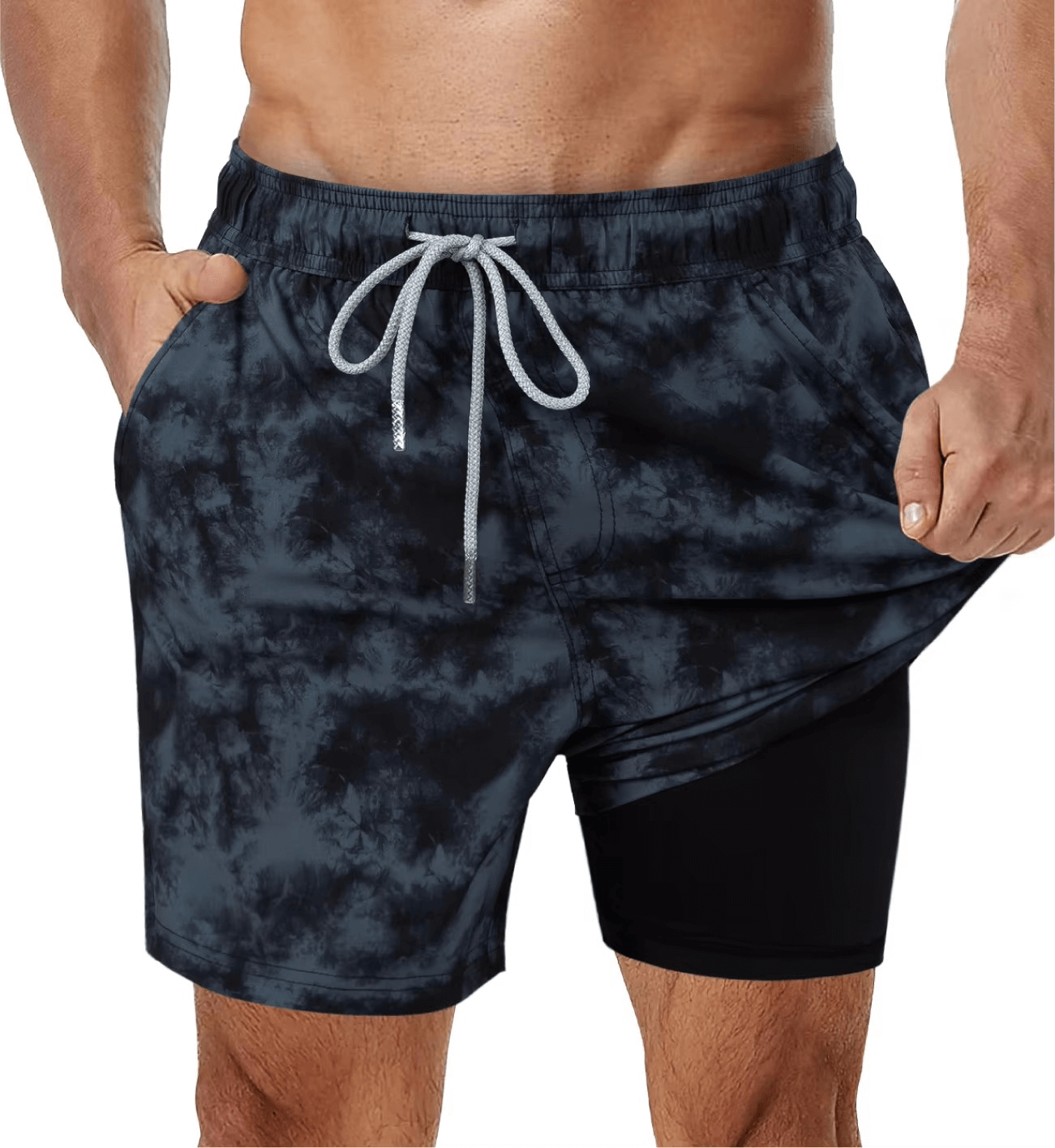 Mønstret herreshorts for strand og basseng. Hurtigtørkende 2-i-1 badeshorts for menn med god komfort.