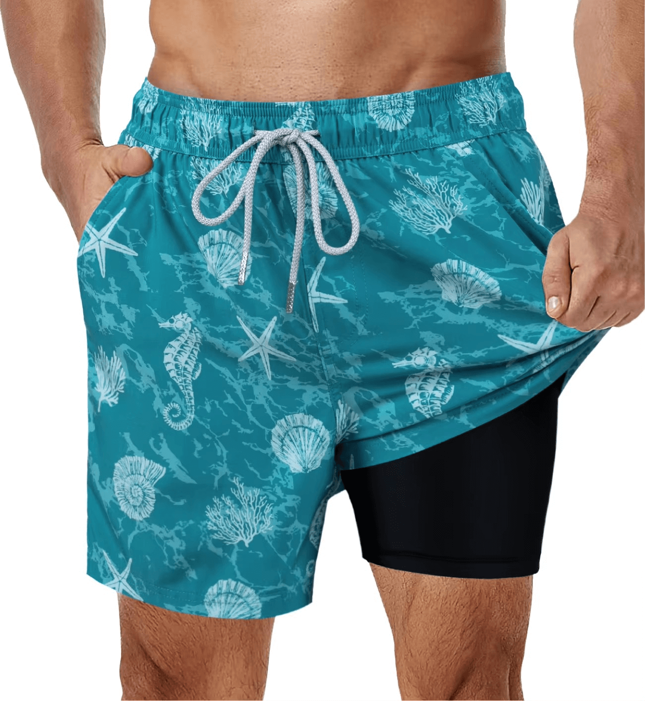 Praktisk 2-i-1 badeshorts for menn med lommer. Perfekt for sommer, strand og vannsport. Høy komfort.