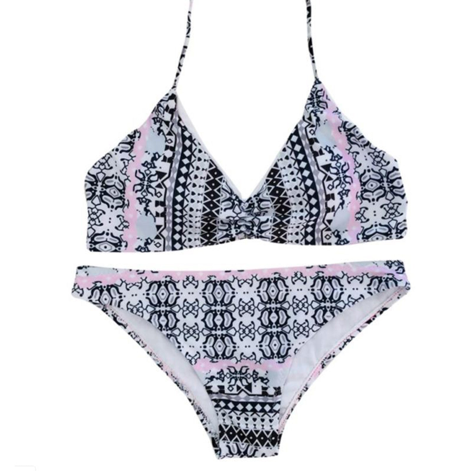 Mønstret boho retro damebikini med pushup-topp og lavmidje. Ideell for sommer, strand og basseng.