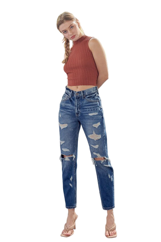 Mørke damejeans med høyt liv og mom fit, perfekt for komfortabel, trendy hverdagsstil. Allsidig.
