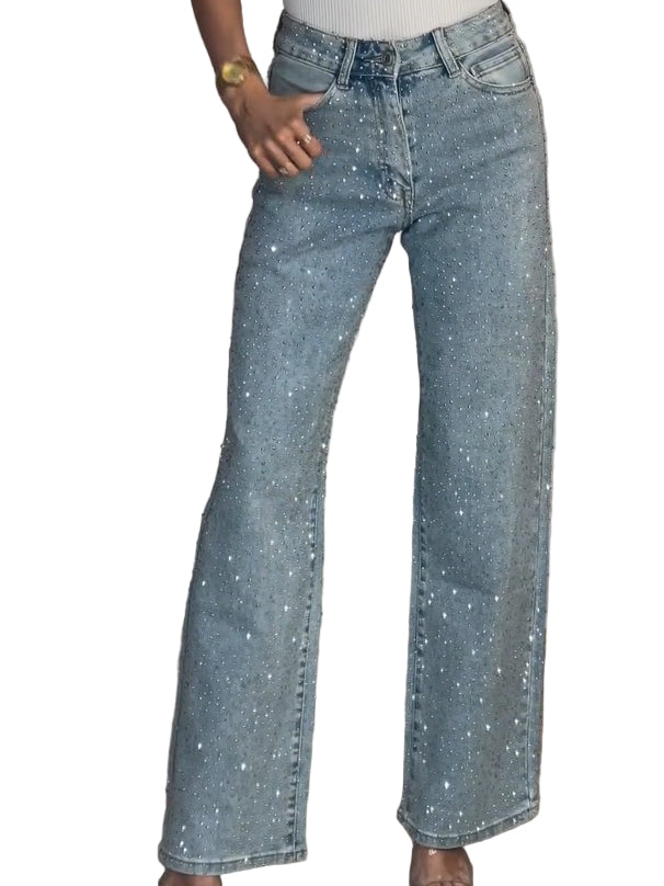 Mørkeblå damejeans med høy midje og glitrende detaljer, perfekt for stil og komfort.