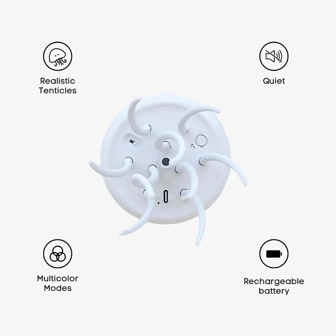 Detaljbilde av LED medusenlampe som lyser med flerfargede, flytende maneter. Gir en drømmende effekt.