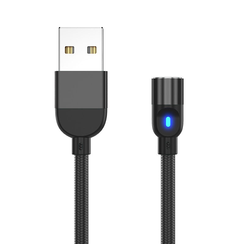 Magnetisk hurtigladekabel i slitesterk nylon for telefoner, med USB-A og utskiftbare kontakter.