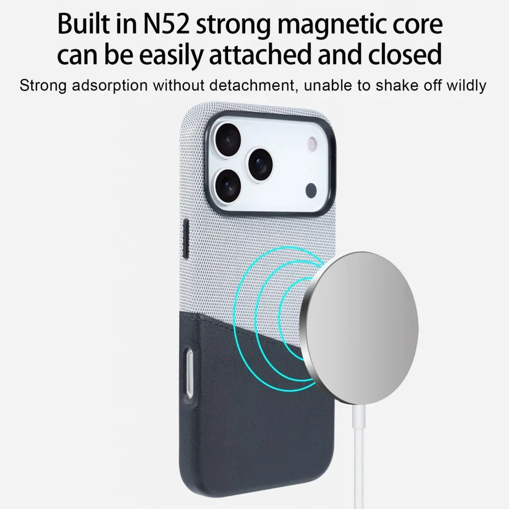 iPhone deksel med kortlomme i sort farge, fremhever robust konstruksjon og magnetisk funksjonalitet.