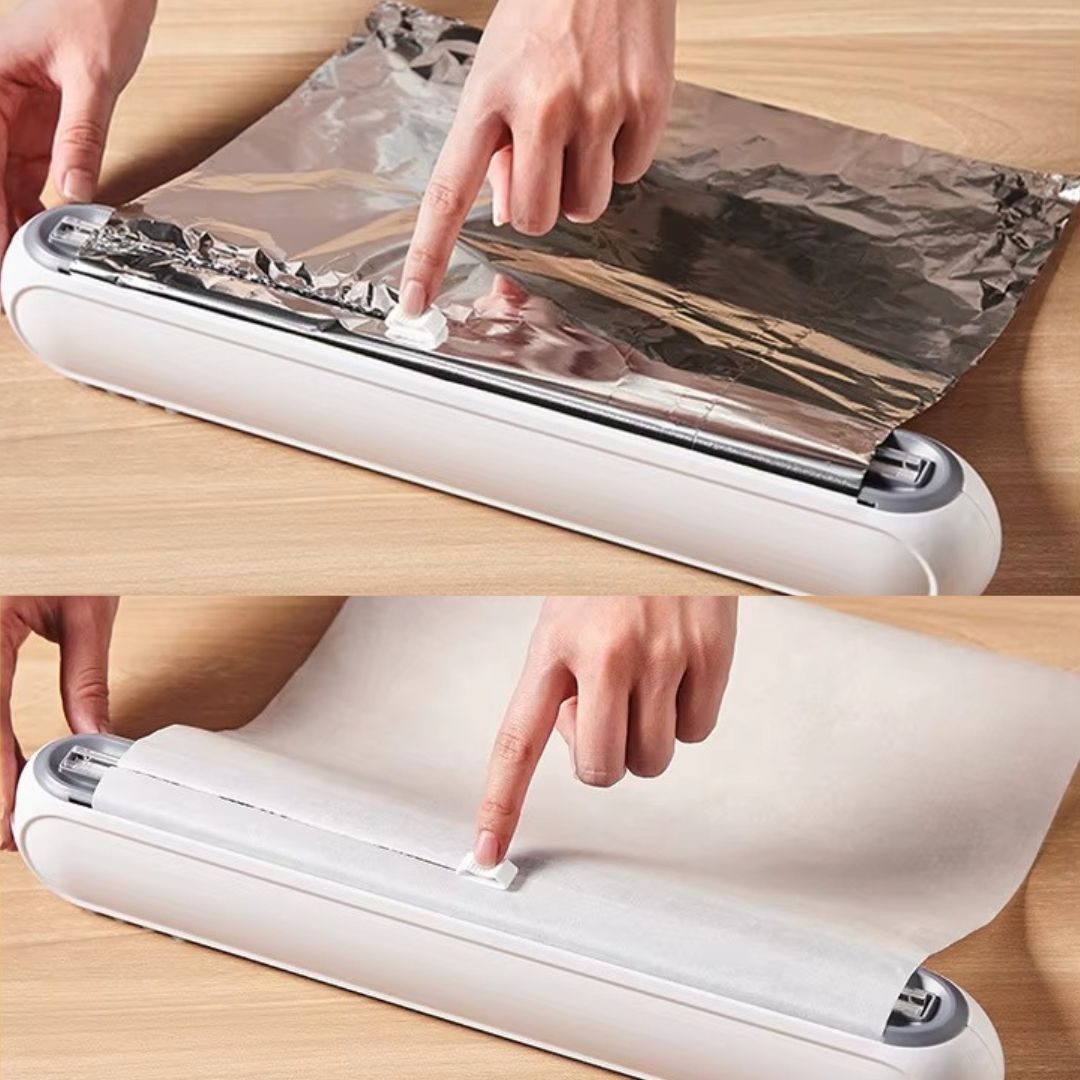 Magnetisk plastfoliedispenser med presisjonskutter for rask og hygienisk pakking av mat på kjøkkenet.