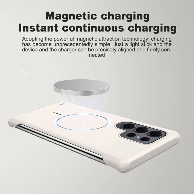 Slankt rammeløst Galaxy S-deksel med magnetisk feste. Gir optimal telefonbeskyttelse.
