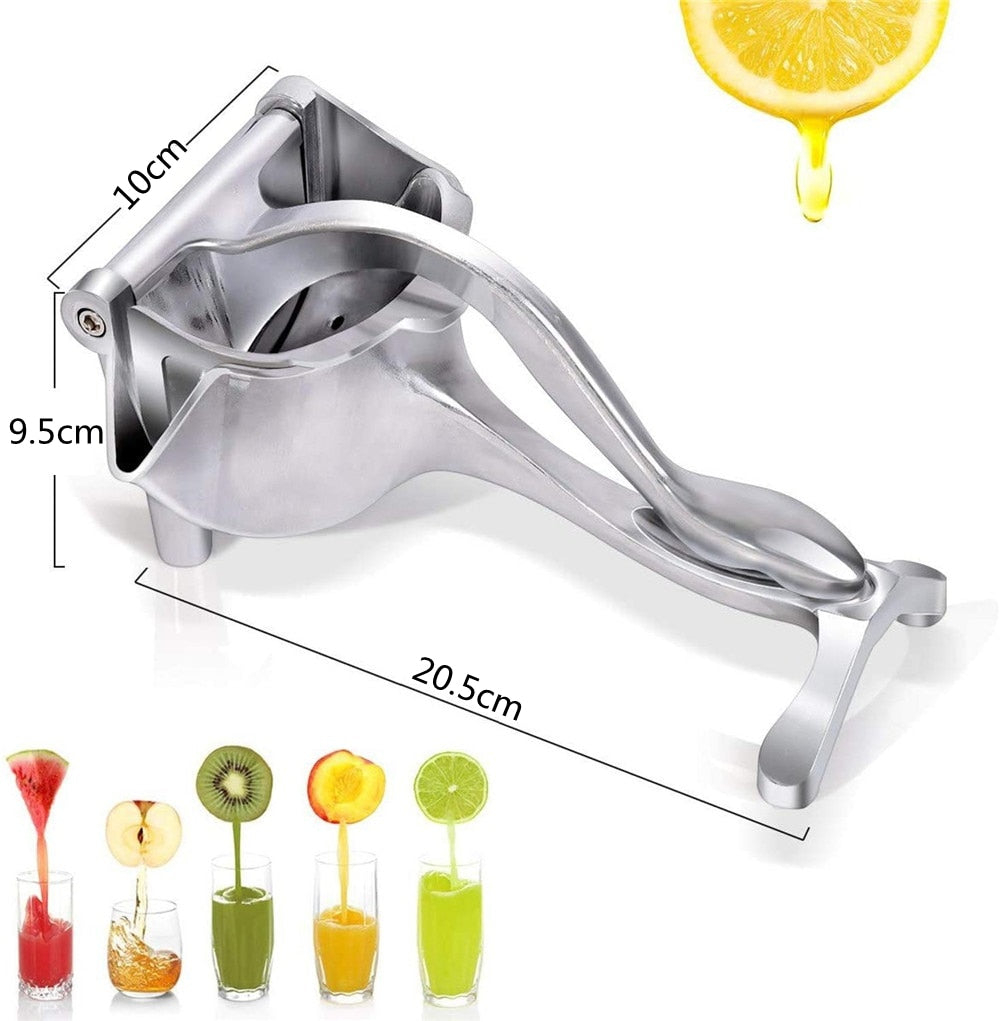 Kompakt manuell juicepresse i rustfritt stål, ideell for alle typer fersk fruktjuice.