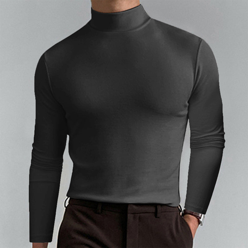 Basisplagg: Marineblå slim fit langermet t-skjorte med høy hals for menn. Tidløs og komfortabel.