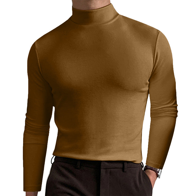 Ensfarget marineblå høyhalset t-skjorte for menn, slim fit, lange ermer. Ideell for en stilfull look.