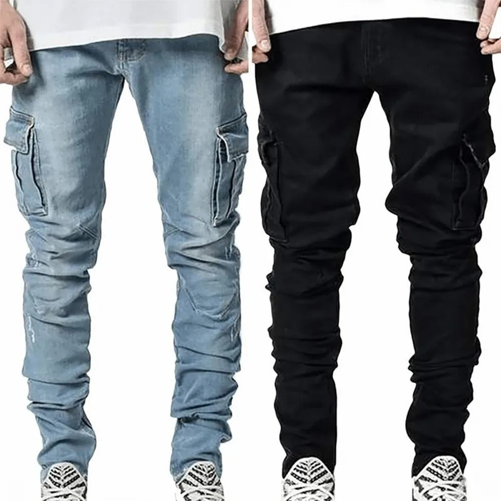 Elastiske herre jeans, cargobukse stil. Komfortabel multilomme-bukse for menn, perfekt for streetwear og hverdagsbruk.