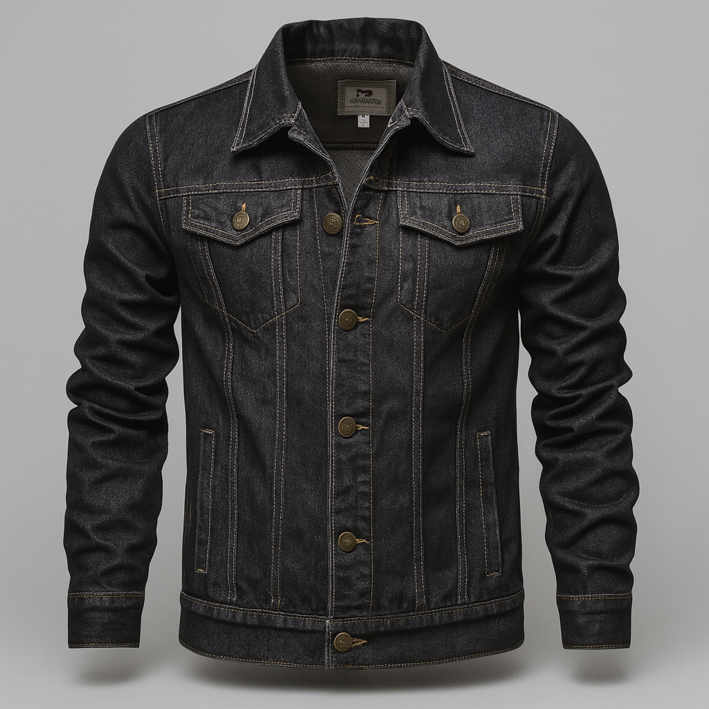 Mann iført svart denim truckerjakke. Casual bomullsjakke med klassisk stil, ideell vårjakke for menn.