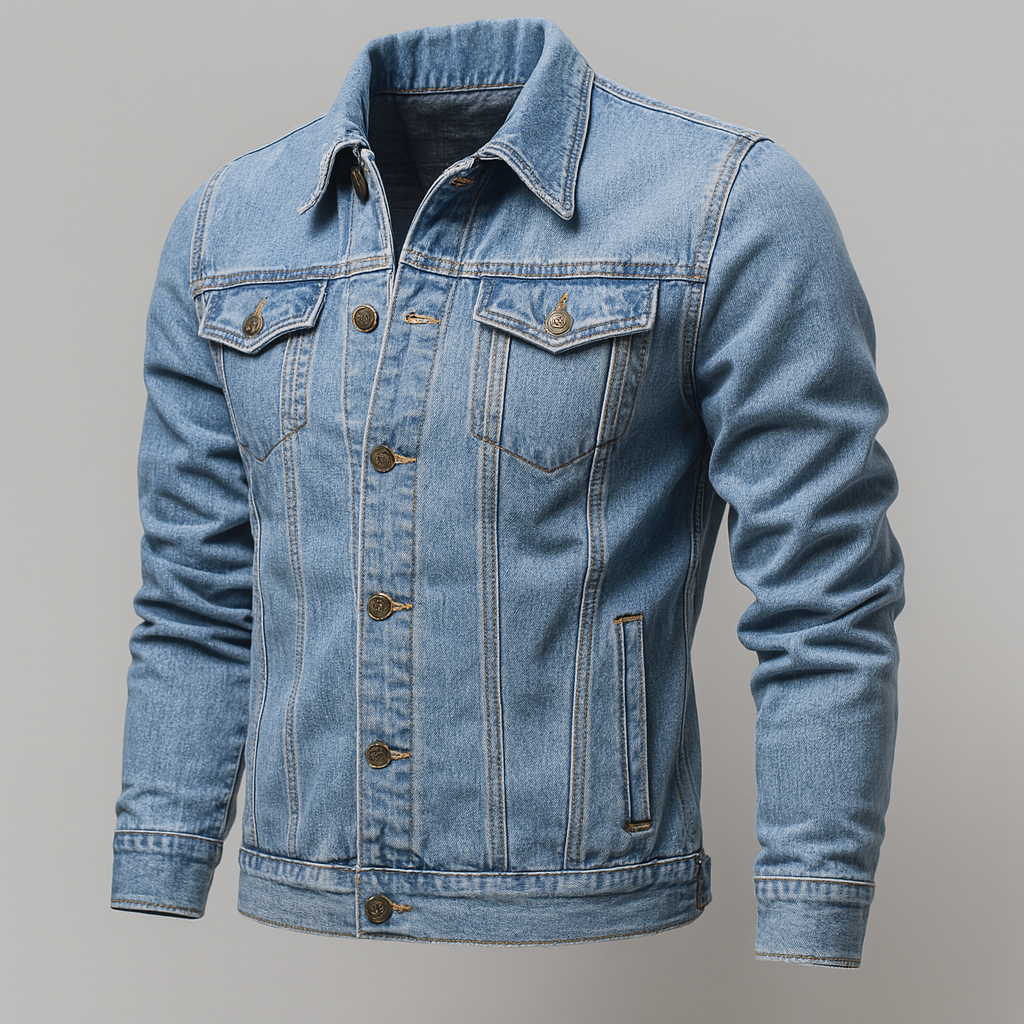 Mørkeblå menns denim truckerjakke. Robust og tidløs jeansjakke, perfekt casual ytterplagg for hverdag og fritid.