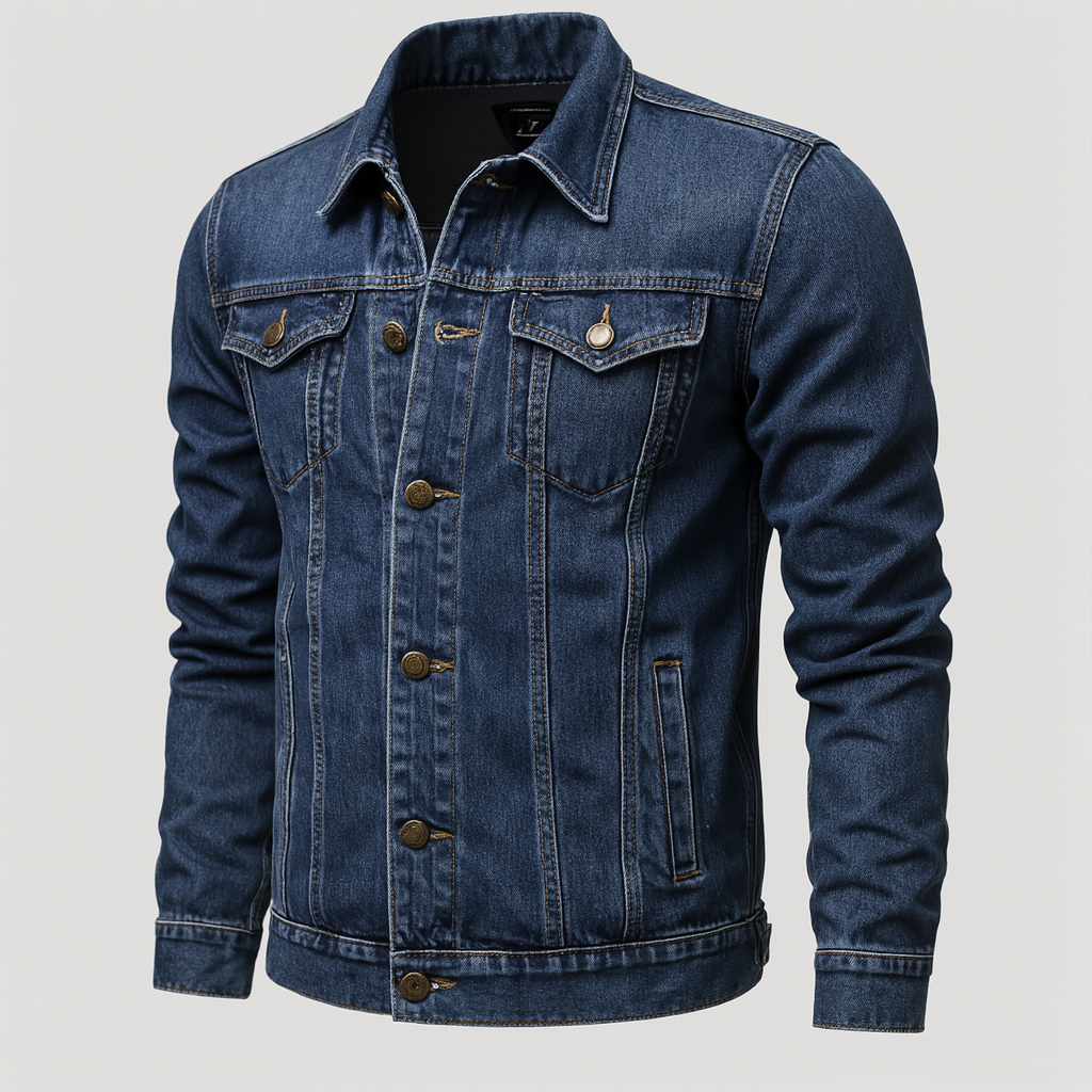 Klassisk menns denim truckerjakke i blått. Allsidig vår-/høstjakke i bomull, slitesterk og komfortabel.