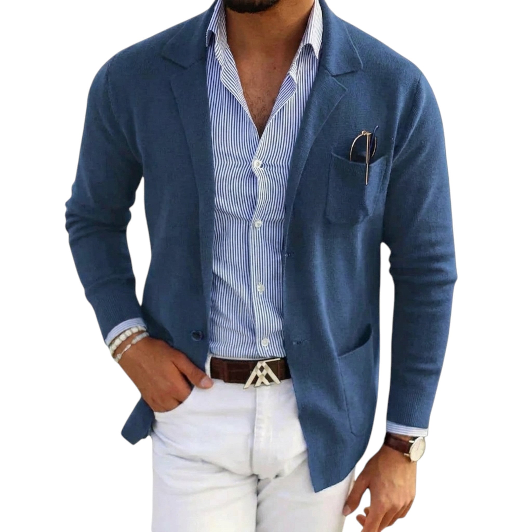 Elegant herreblazer med jakkekrage og knapper, ideell for businessmøter og festantrekk.