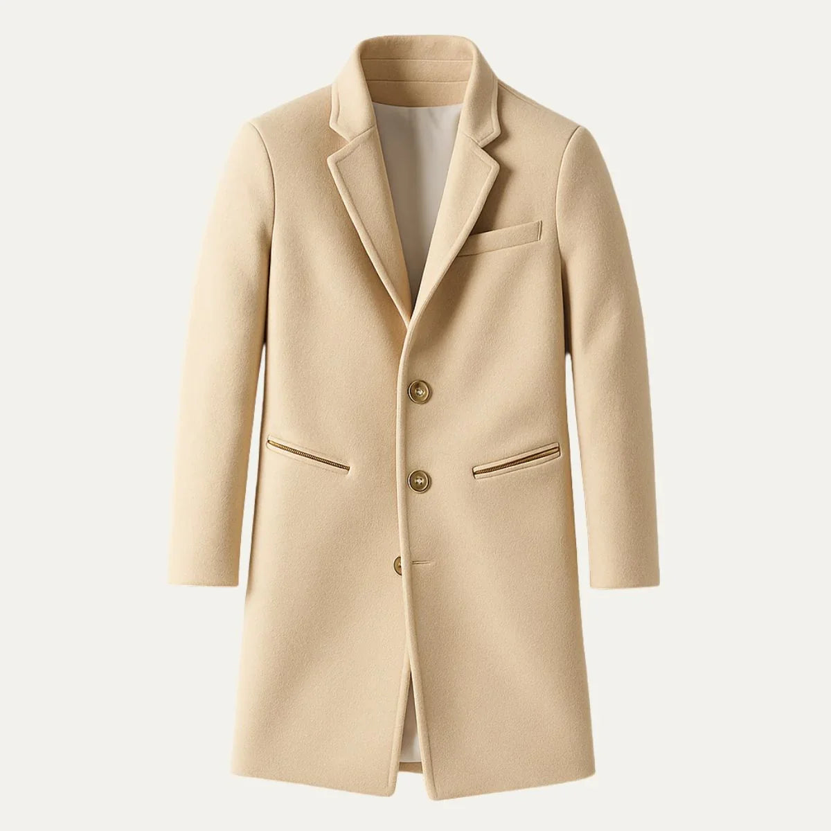 Elegant grå menns trenchcoat, lang og skreddersydd. Ideell for formelle og uformelle anledninger.