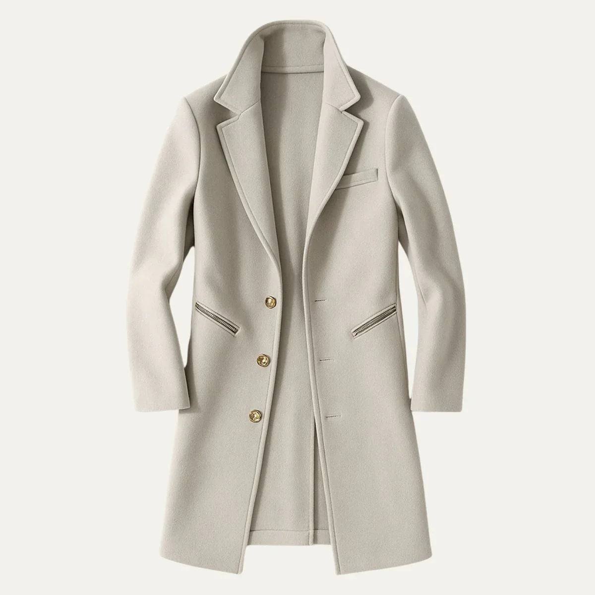 Stilig khaki herretrenchcoat, lang og klassisk. Allsidig vinterkåpe for menns mote og eleganse.