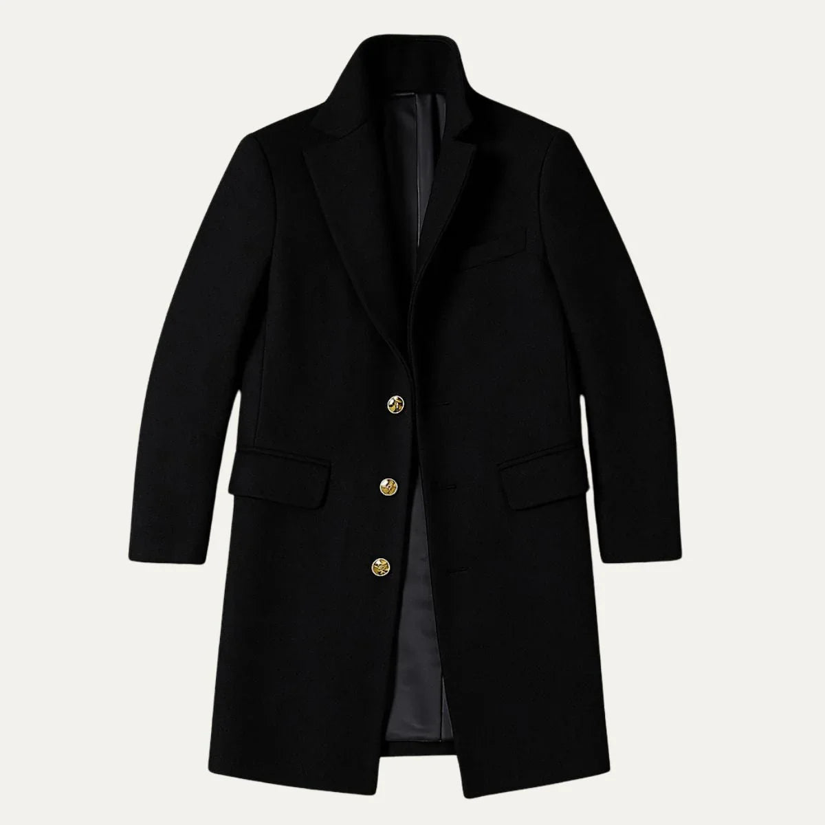 Skreddersydd menns lang trenchcoat i svart. Klassisk, elegant og varm vinterkåpe for stilbevisste menn.