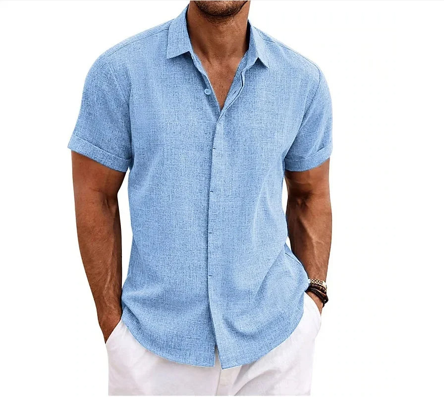 Menns casual bomull-lin skjorte med korte ermer, komfortabel og stilfull for sommer og fritid.