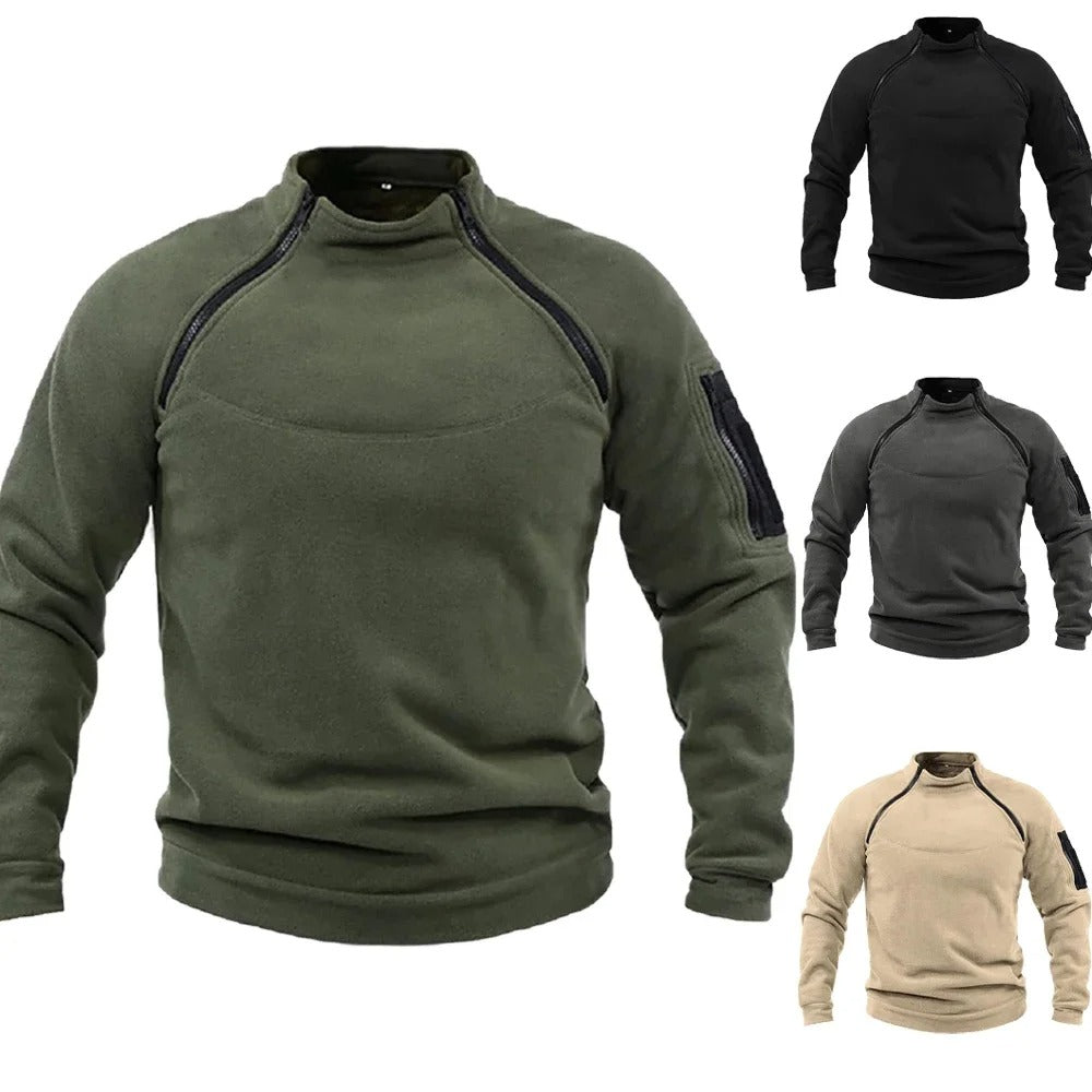 Komfortabel taktisk pullover herrejakke, varm for friluftsliv, med høy krage og flerfarget design.