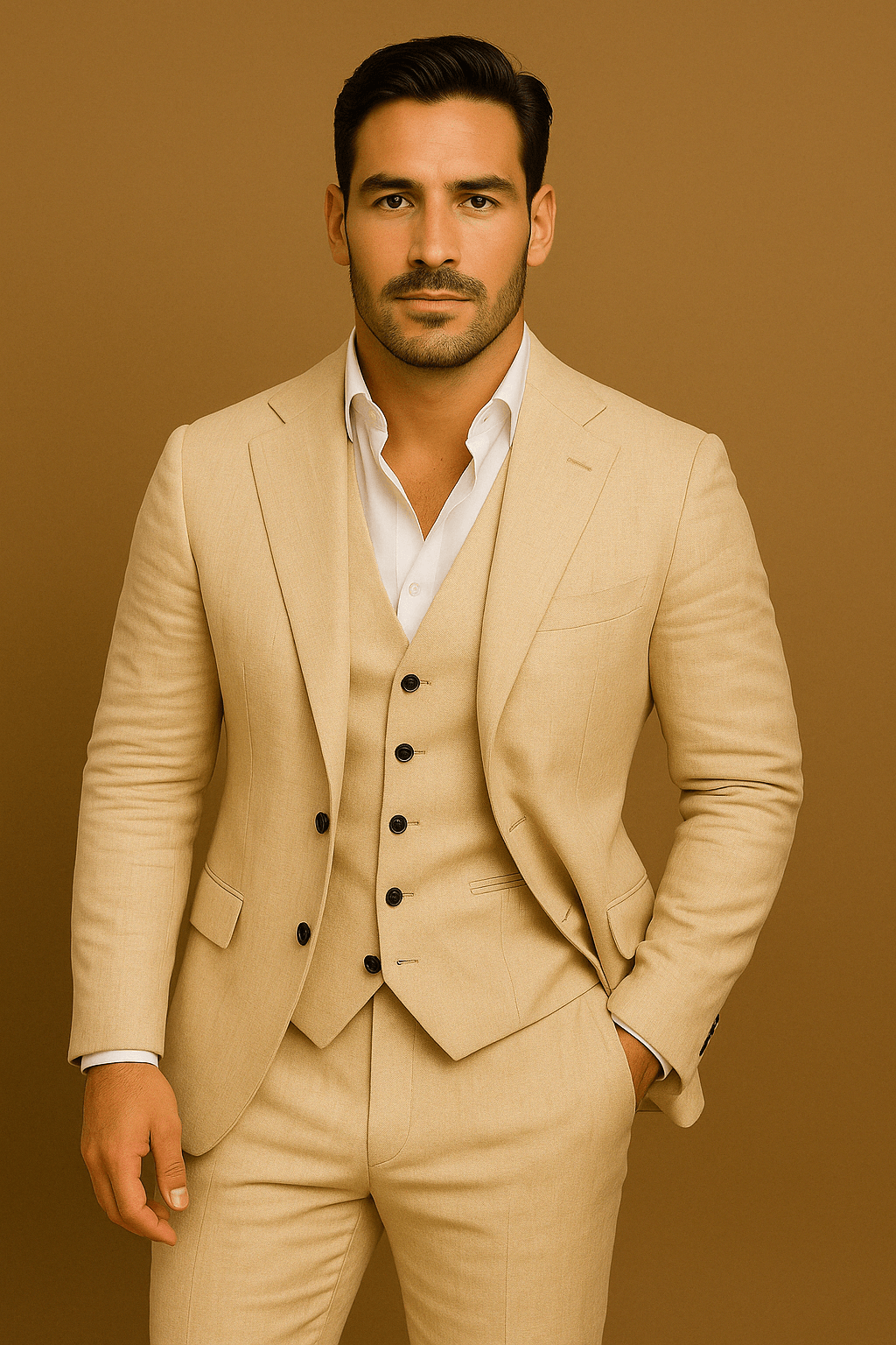 Komplett menns tredelt dressett: Blazer, vest og bukser. En allsidig formell dress for herre.