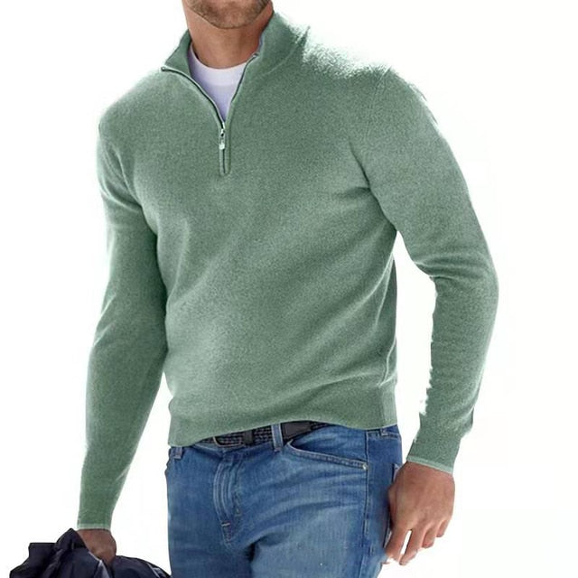 Allsidig V-hals pullover for menn med glidelås, ideell for både casual og elegante antrekk.