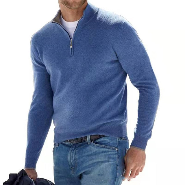 Flerfarget menns V-hals pullover med glidelås, en trendy og komfortabel herregenser.