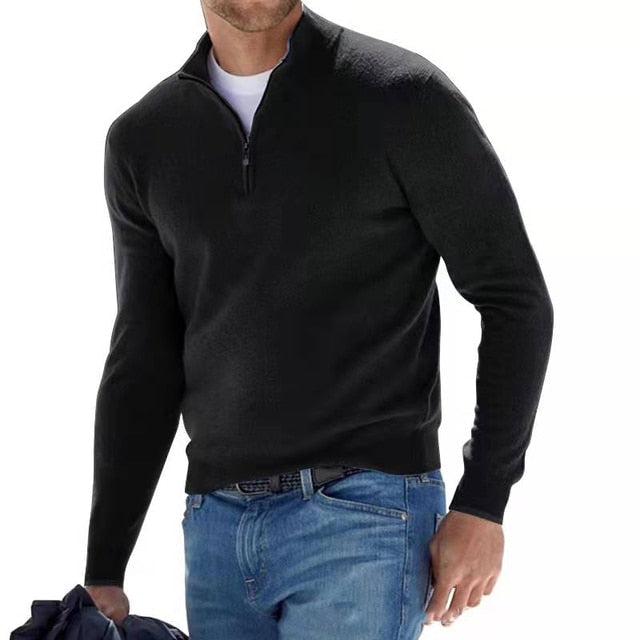 Stilig menns V-hals strikkegenser med praktisk glidelås, for komfortabel og moderne look.