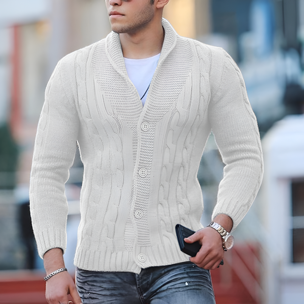 Komfortabel menns varm strikket cardigan. Tidløs, klassisk herregenser perfekt for casual lag-på-lag stil.