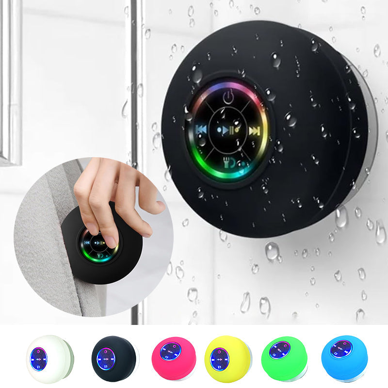 Mini Bluetooth dusjhøyttaler med fargerike LED-lys, perfekt for badet.