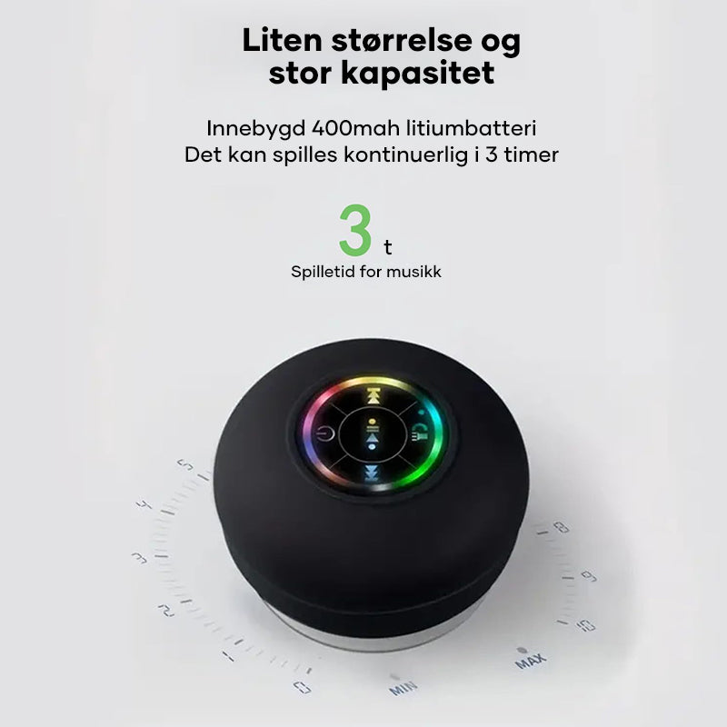 Kompakt Bluetooth høyttaler for dusj, med kraftig lyd og stemningsfulle LED-lys.