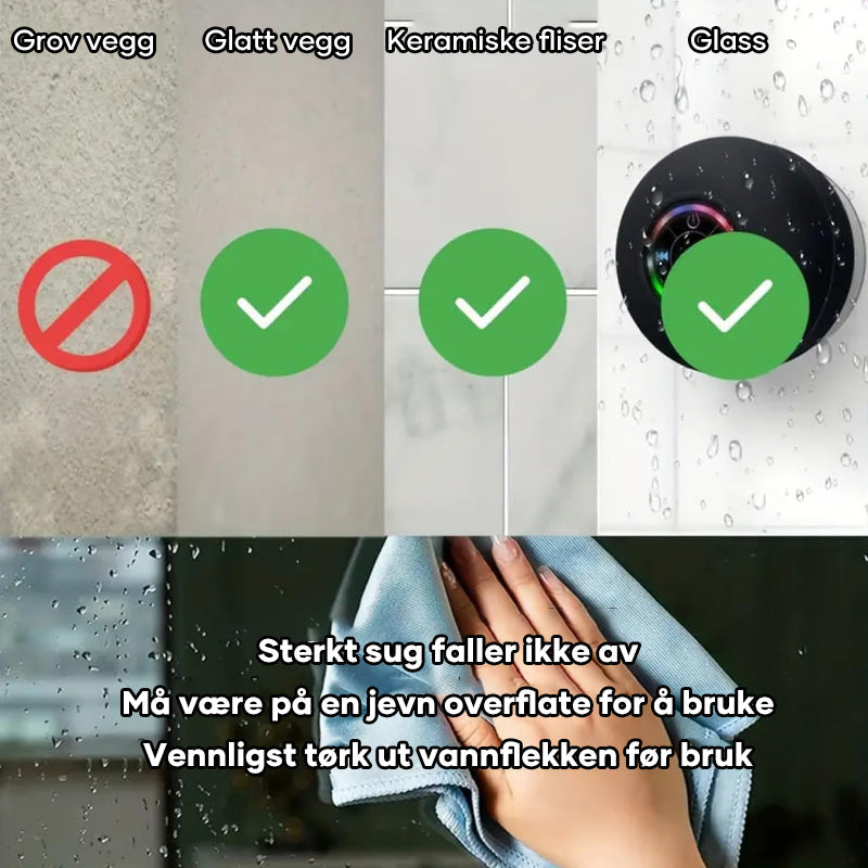 Vanntett mini høyttaler med sugekopp, Bluetooth og pulserende LED-lys.