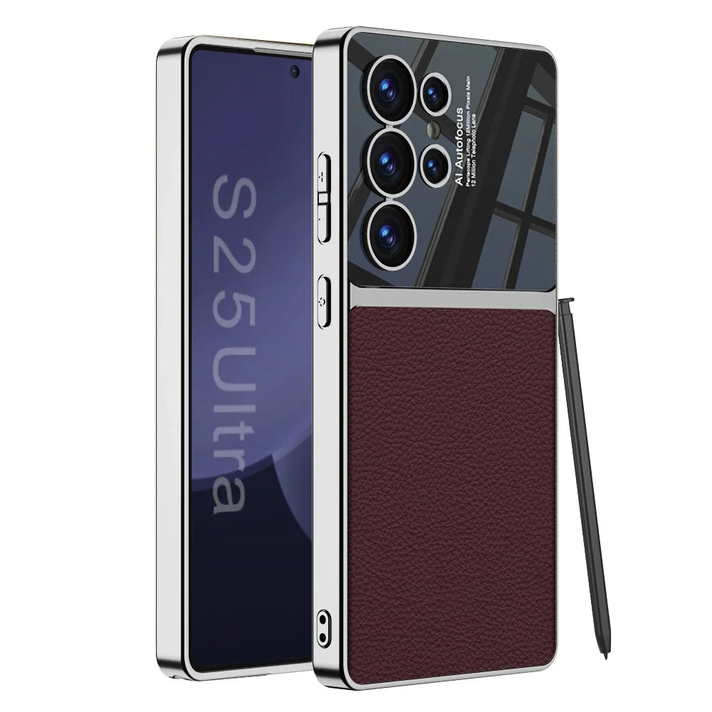 Full visning av elegant PU lær mobildeksel for Samsung Galaxy S24/S25 Ultra, med myke kanter.