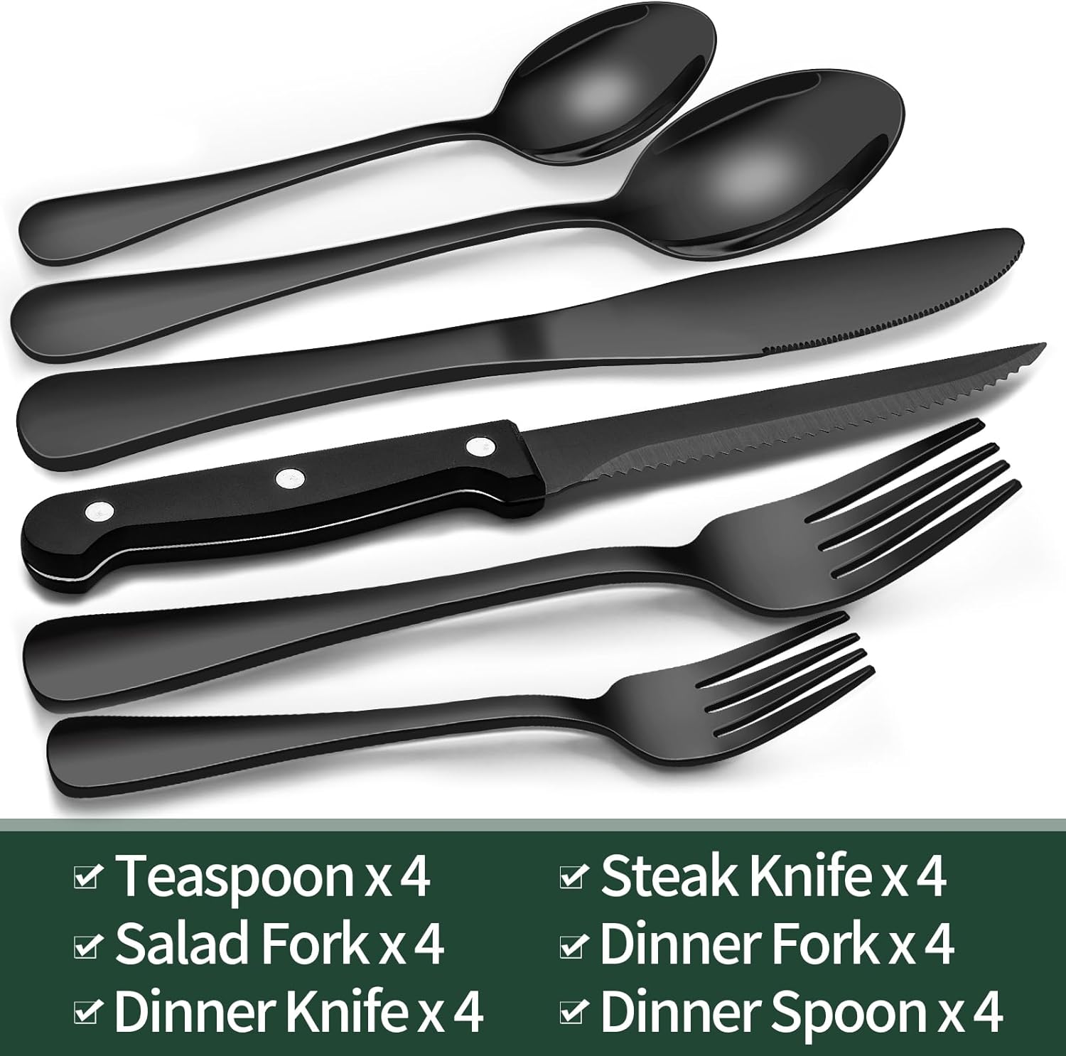 Komplett 24-deler bestikksett i sort for 4 personer, gir et elegant og moderne preg til din spisestue.
